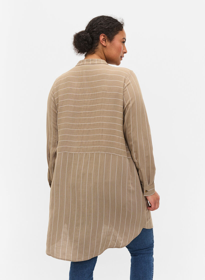 Chemise longue &agrave; rayures en m&eacute;lange de viscose, Timber Wolf/White, Model image number 1