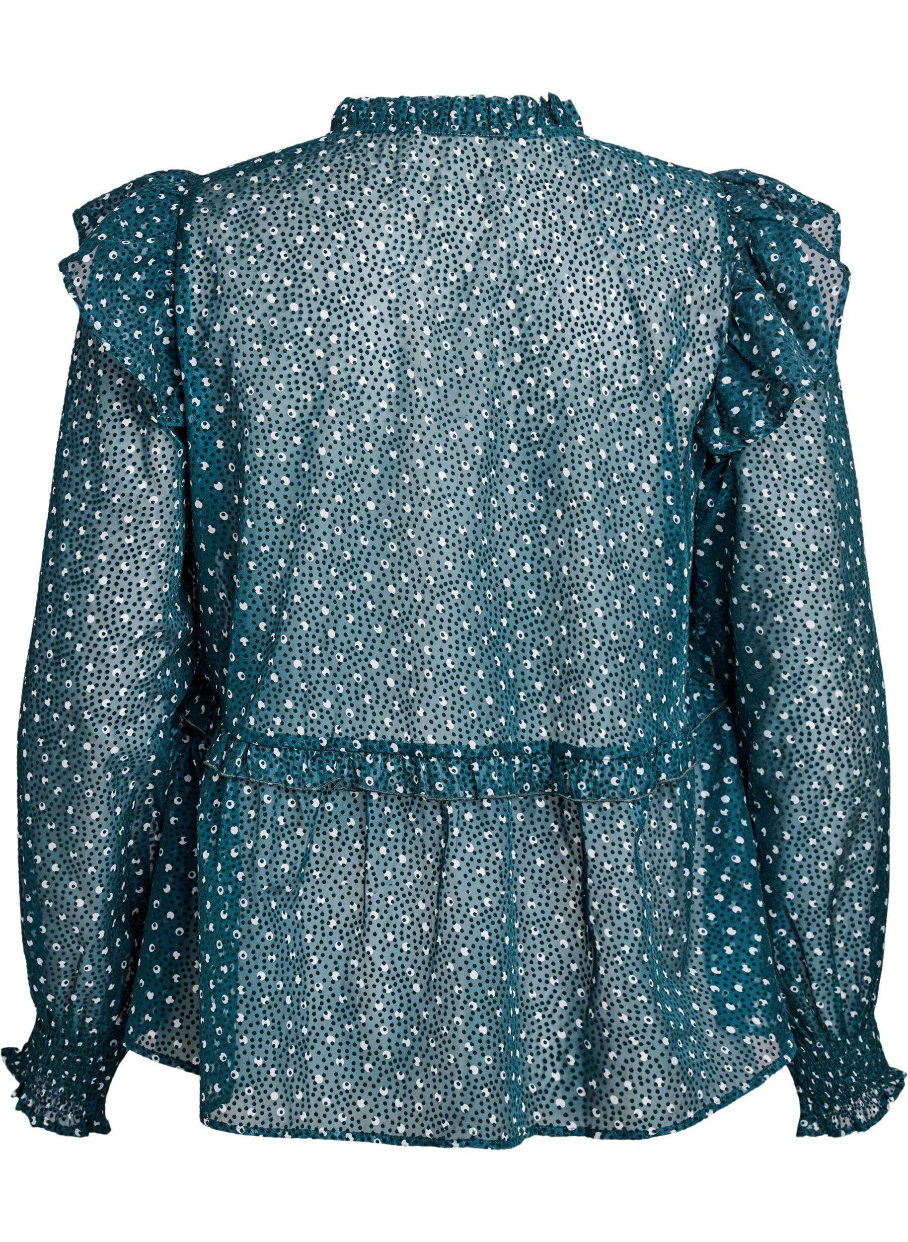 Zizzi Blouse en mousseline &agrave; petits pois avec volants, Vert fonc&eacute;, Packshot image number 1