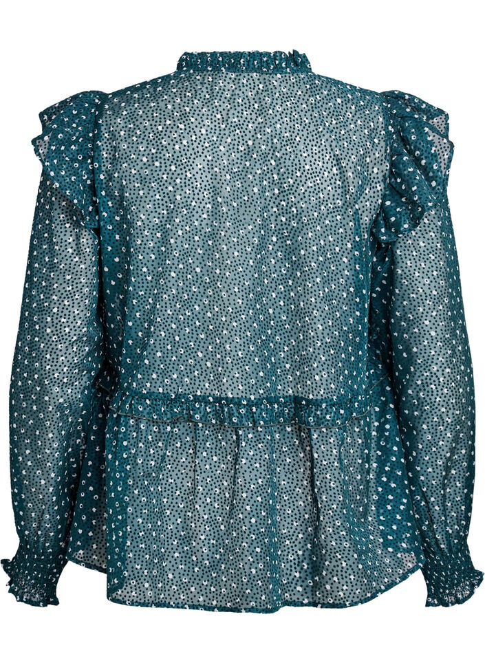 Blouse en mousseline à petits pois avec volants, Vert foncé, Packshot image number 1
