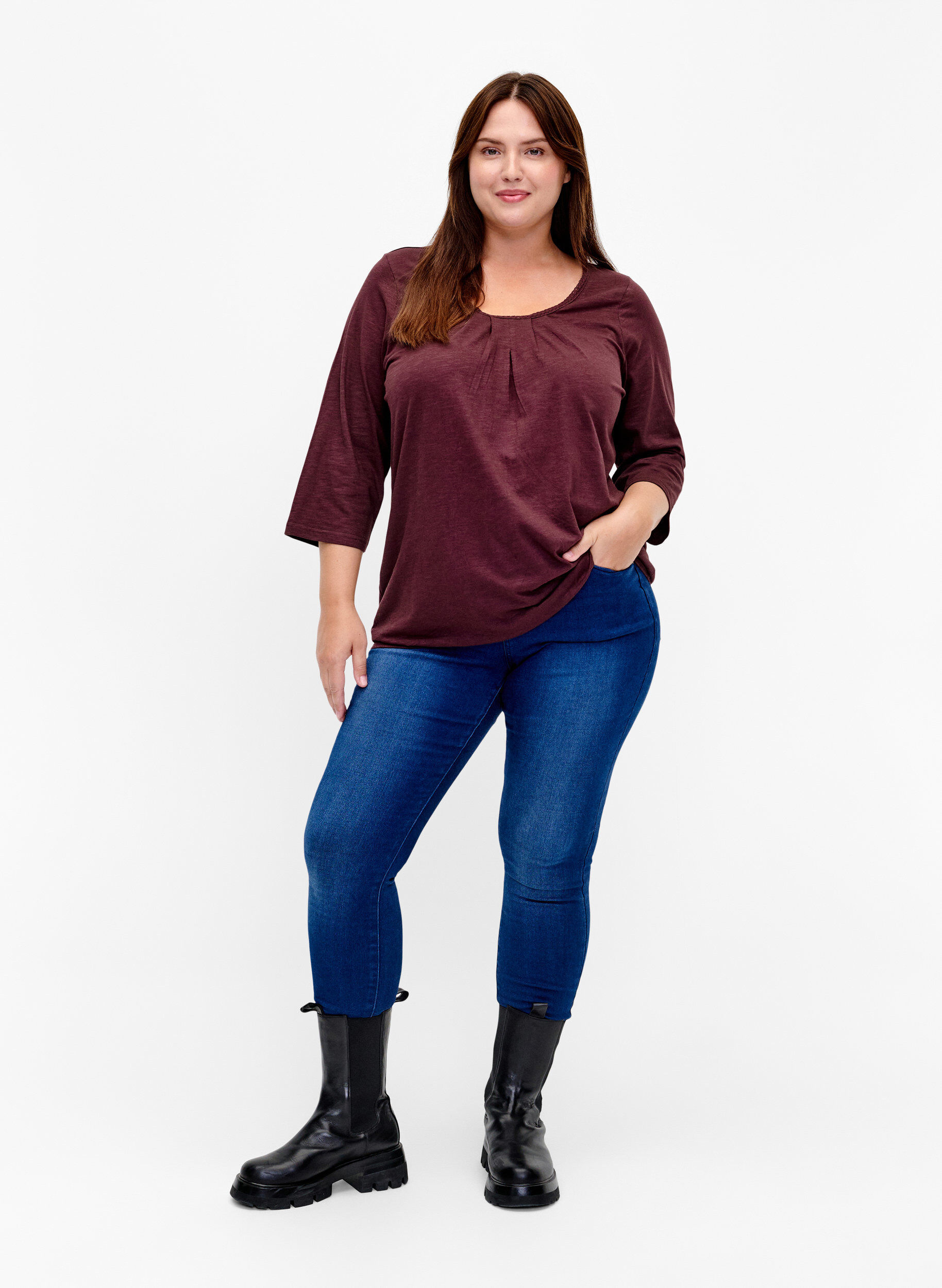 Zizzi Blouse en coton &agrave; manches 3/4, Fudge, Model image number 2