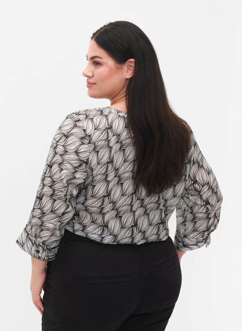 Blouse avec imprimé et manches 3/4 , Black White Leaf, Model image number 1