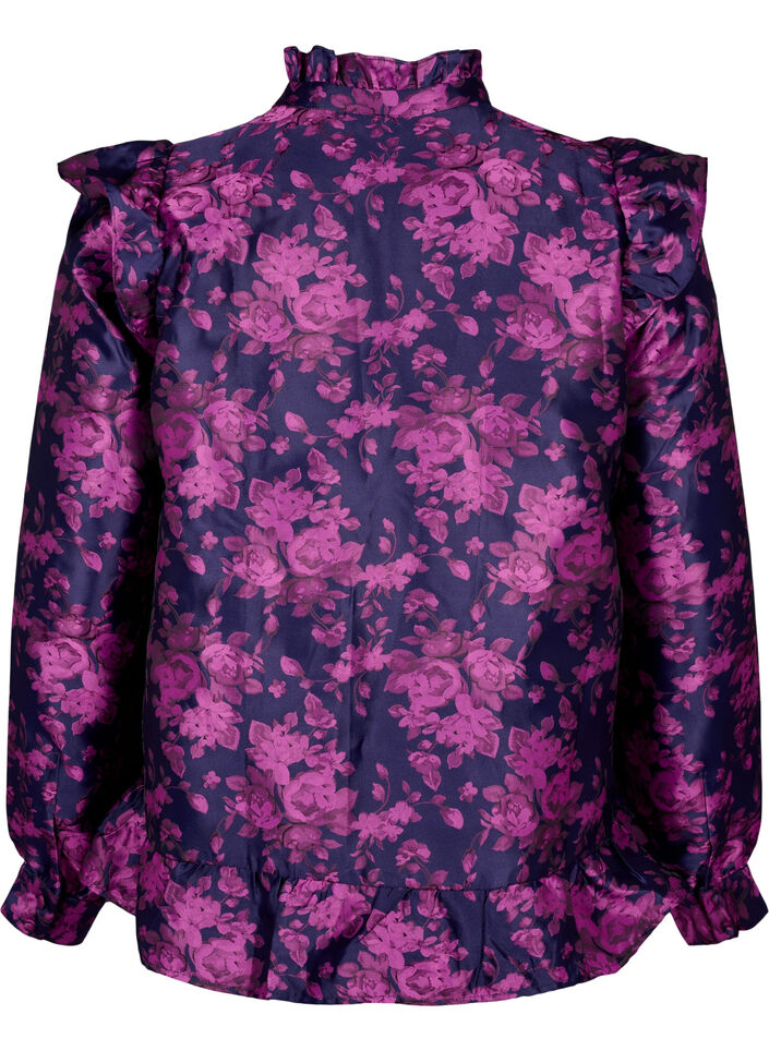 Chemisier jacquard floral avec des volants, Dark Blue Pink, Packshot image number 1
