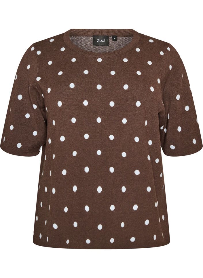 Blouse en maille &agrave; manches courtes &agrave; pois, Marron, Packshot image number 0