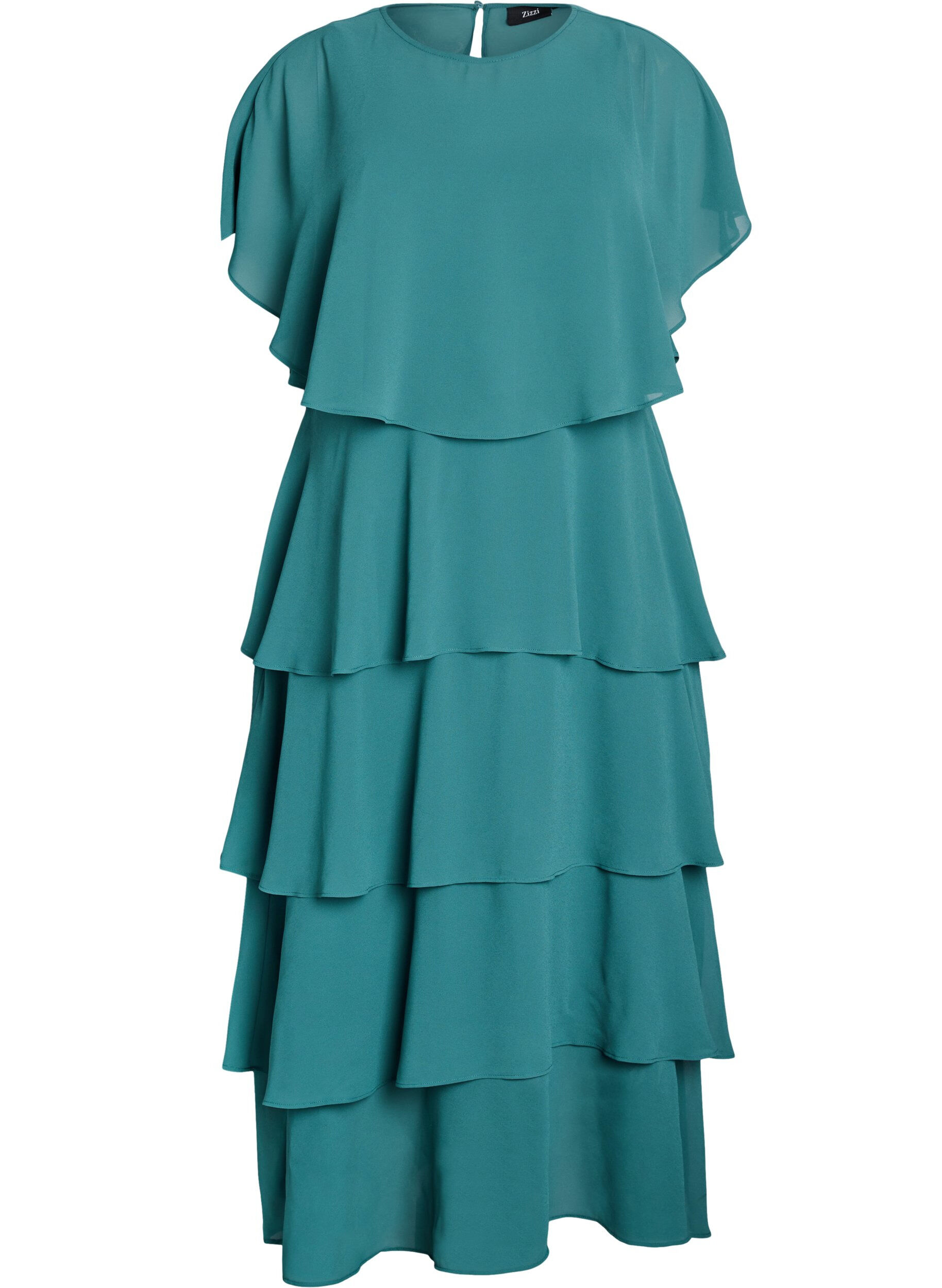 Zizzi Robe maxi avec plusieurs couches de volants et cape amovible, Vert fonc&eacute;, Packshot image number 0