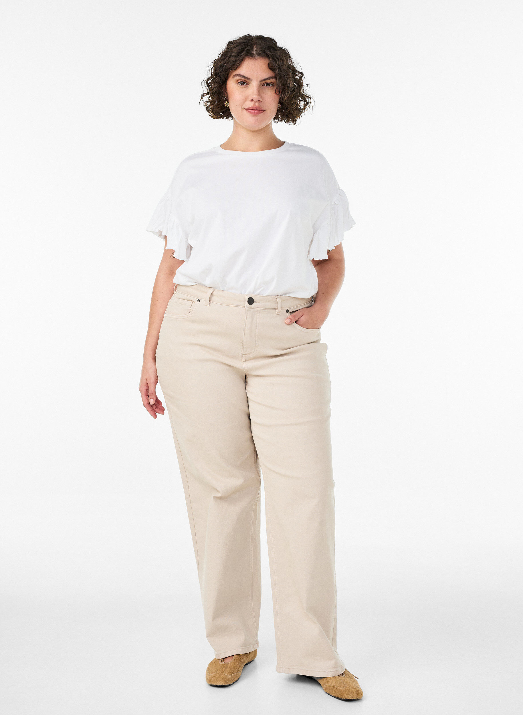 ZizziT-shirt en coton bio avec manches &agrave; volants, Blanc, Model image number 1