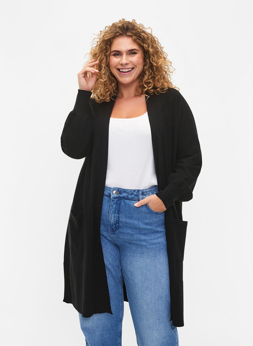 Long cardigan en tricot avec des poches, Black, Model image number 0
