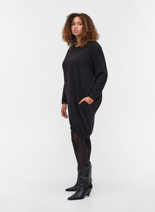 Plain, long-sleeved sweatshirt dress, Black, Model image number 2