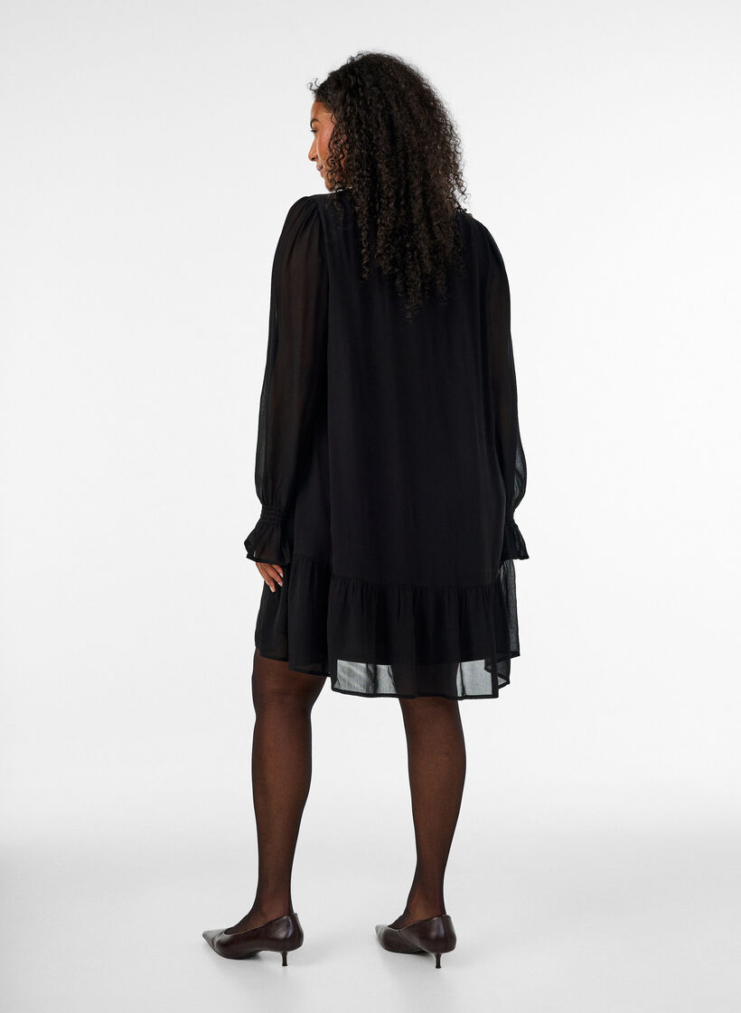 Robe en viscose avec volants et manches transparentes, Noir, Model image number 2