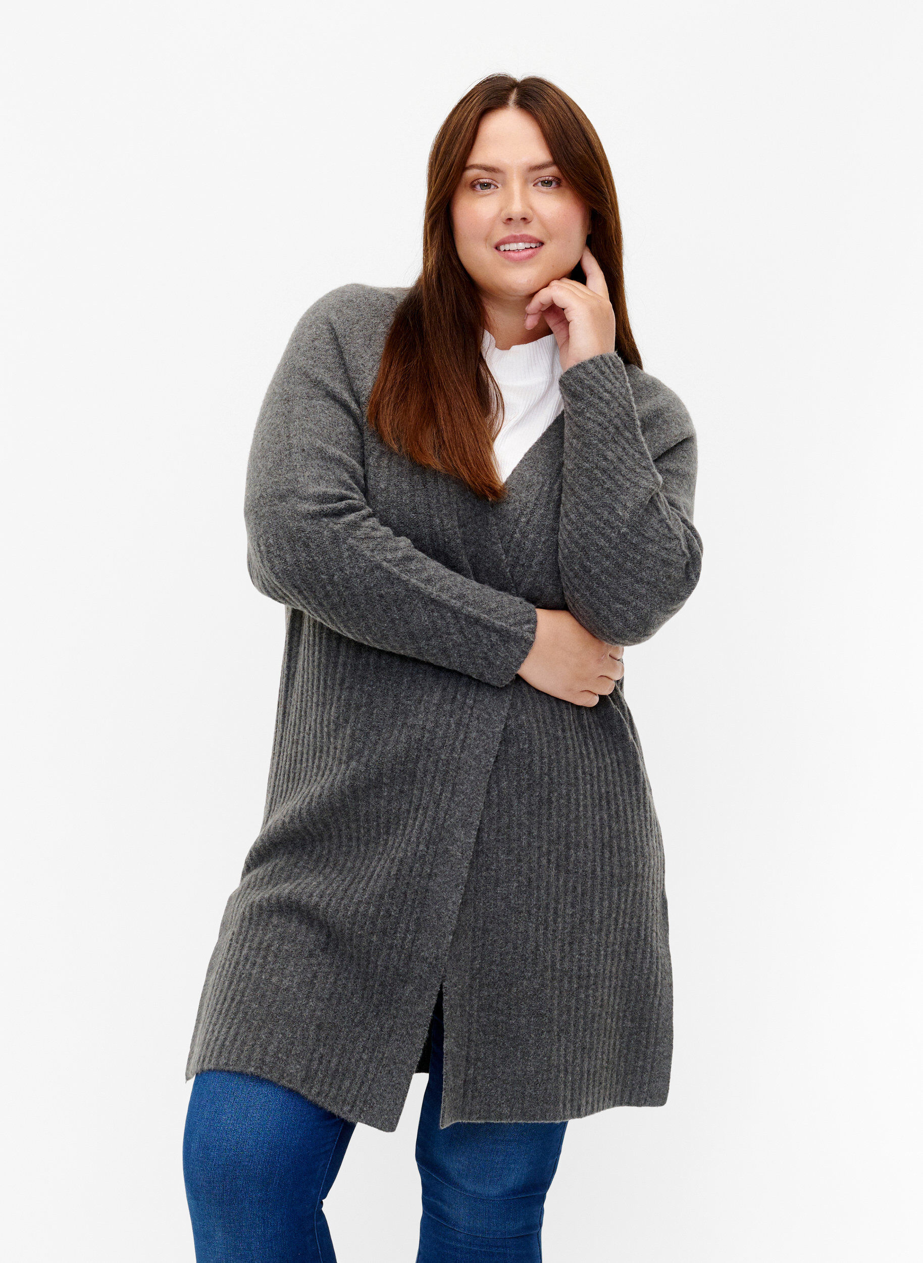 Zizzi Long cardigan en tricot c&ocirc;tel&eacute;, Dark Grey Melange, Model image number 0