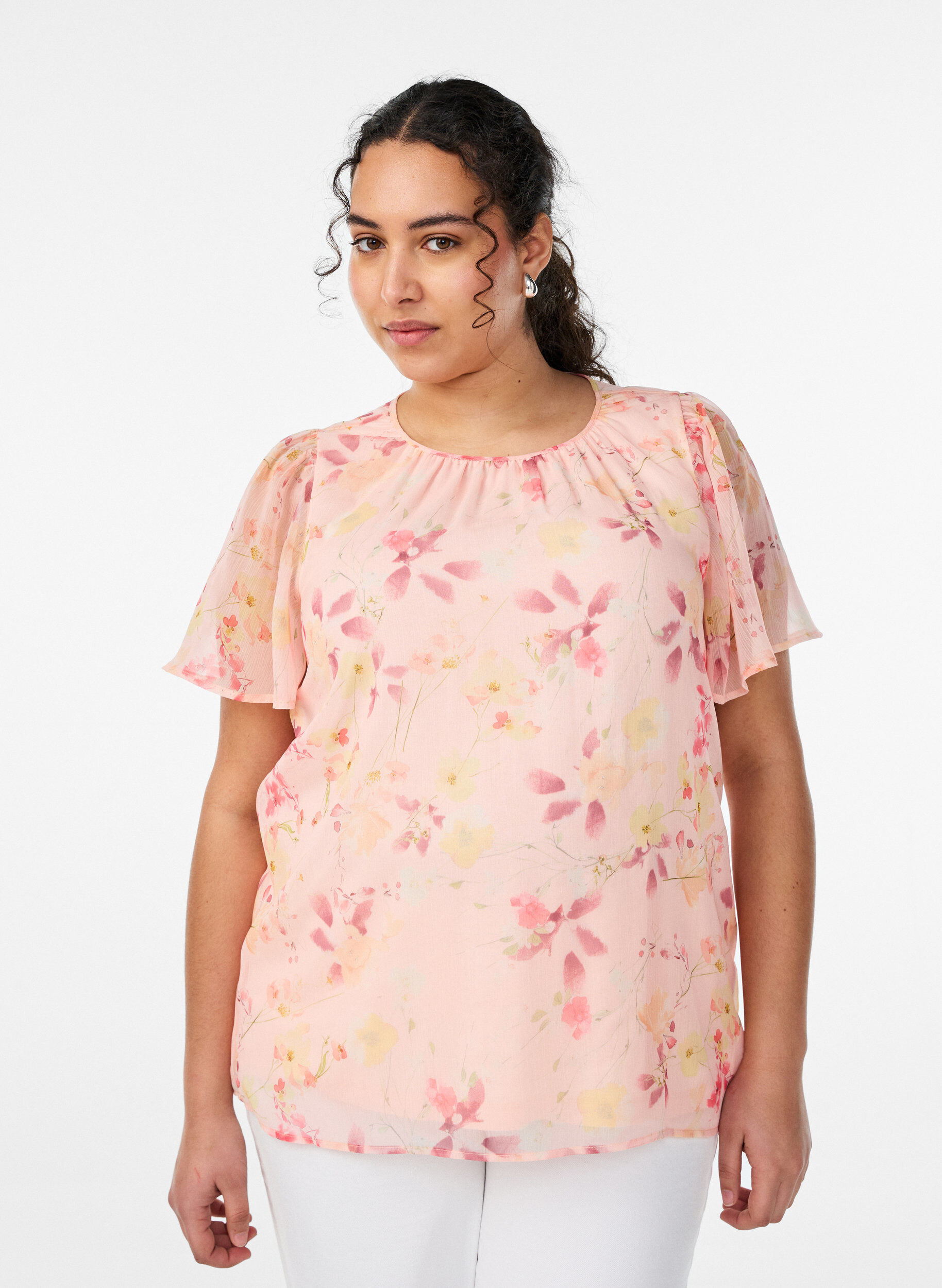 Zizzi Blouse &agrave; imprim&eacute; floral et manches vaporeuses, Orange clair, Model image number 0