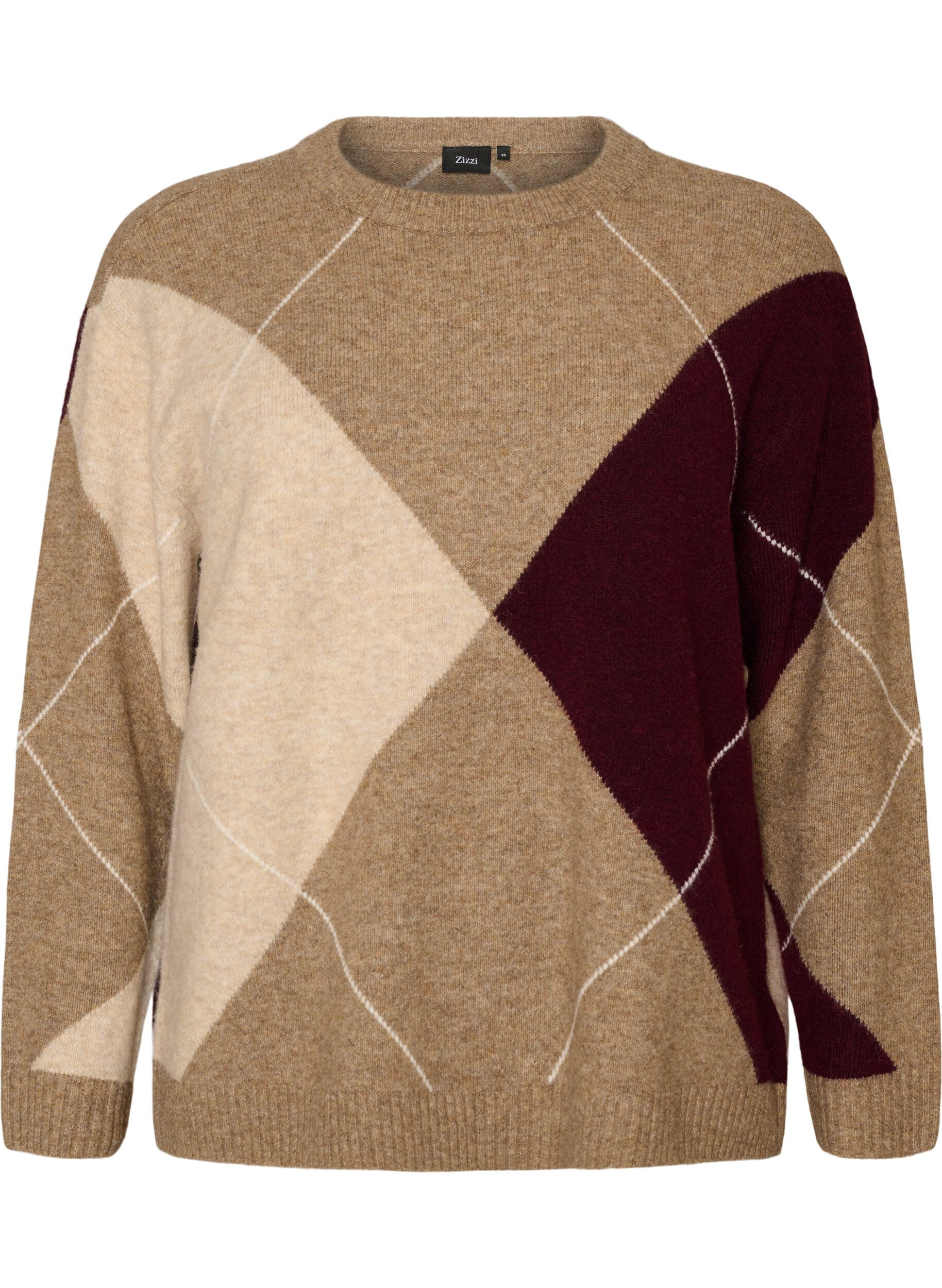 ZizziTricot &agrave; motif arlequin, Camel, Packshot image number 0