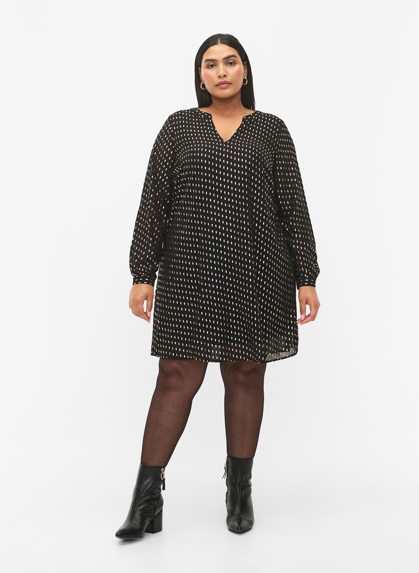 Robe à manches longues avec imprimé brillant, Black w. Gold, Model image number 2