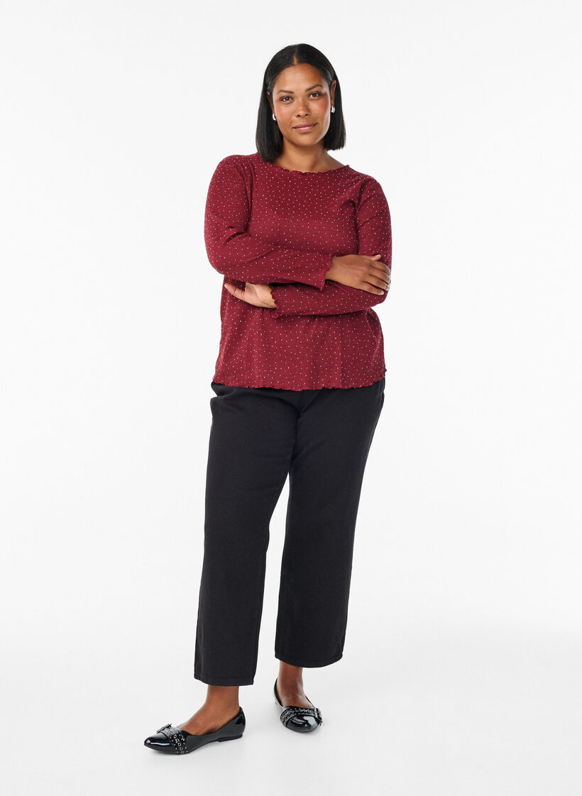 Chemisier à manches longues avec strass, Bordeaux foncé, Model image number 1