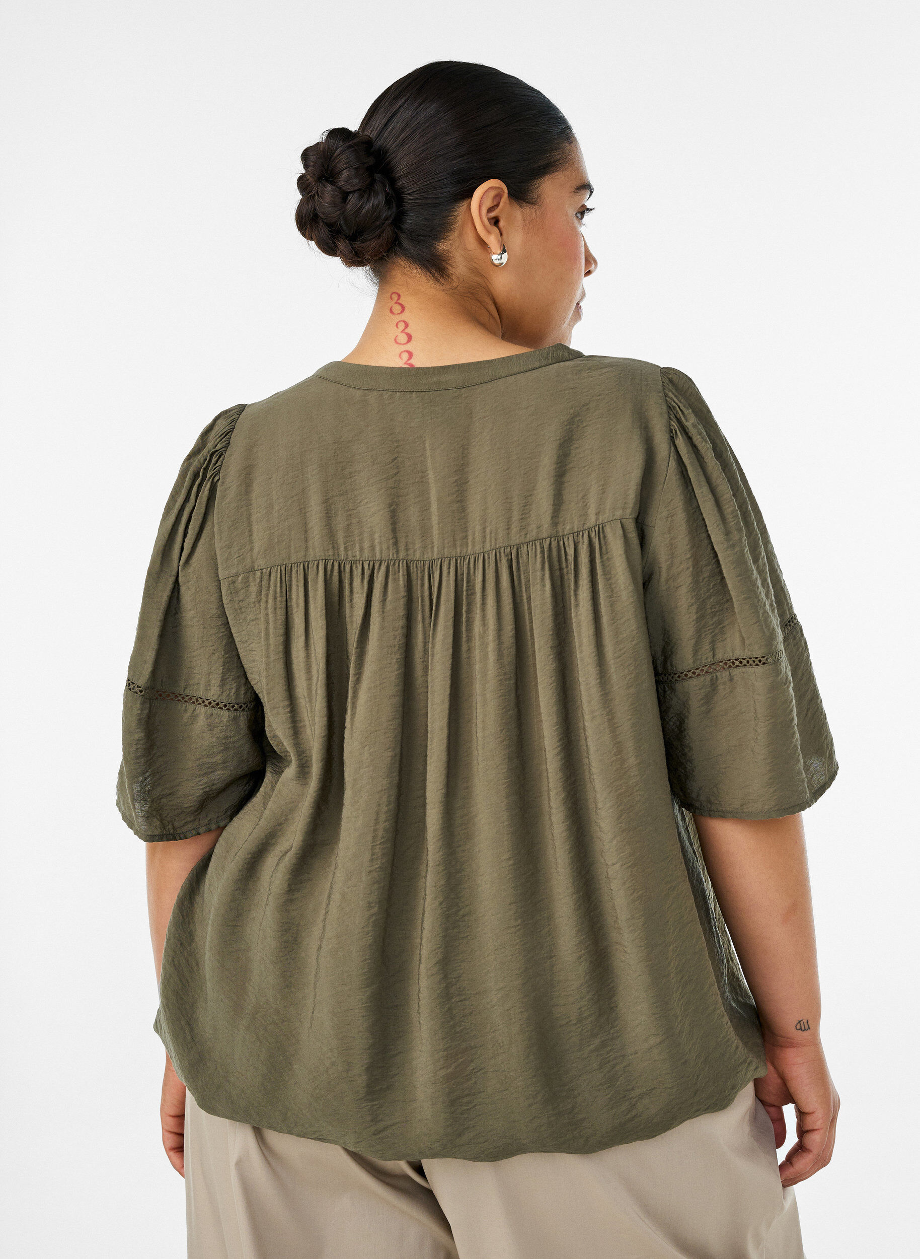 ZizziBlouse en viscose avec nervures et effet ballon, Vert Kaki, Model image number 2
