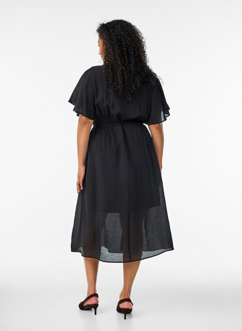 Robe longue avec manches papillon et taille &agrave; nouer, Noir, Model image number 1