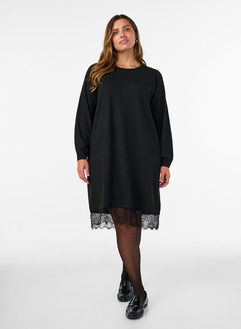 Robe courte en maille avec ourlet en dentelle, Noir, Model image number 1