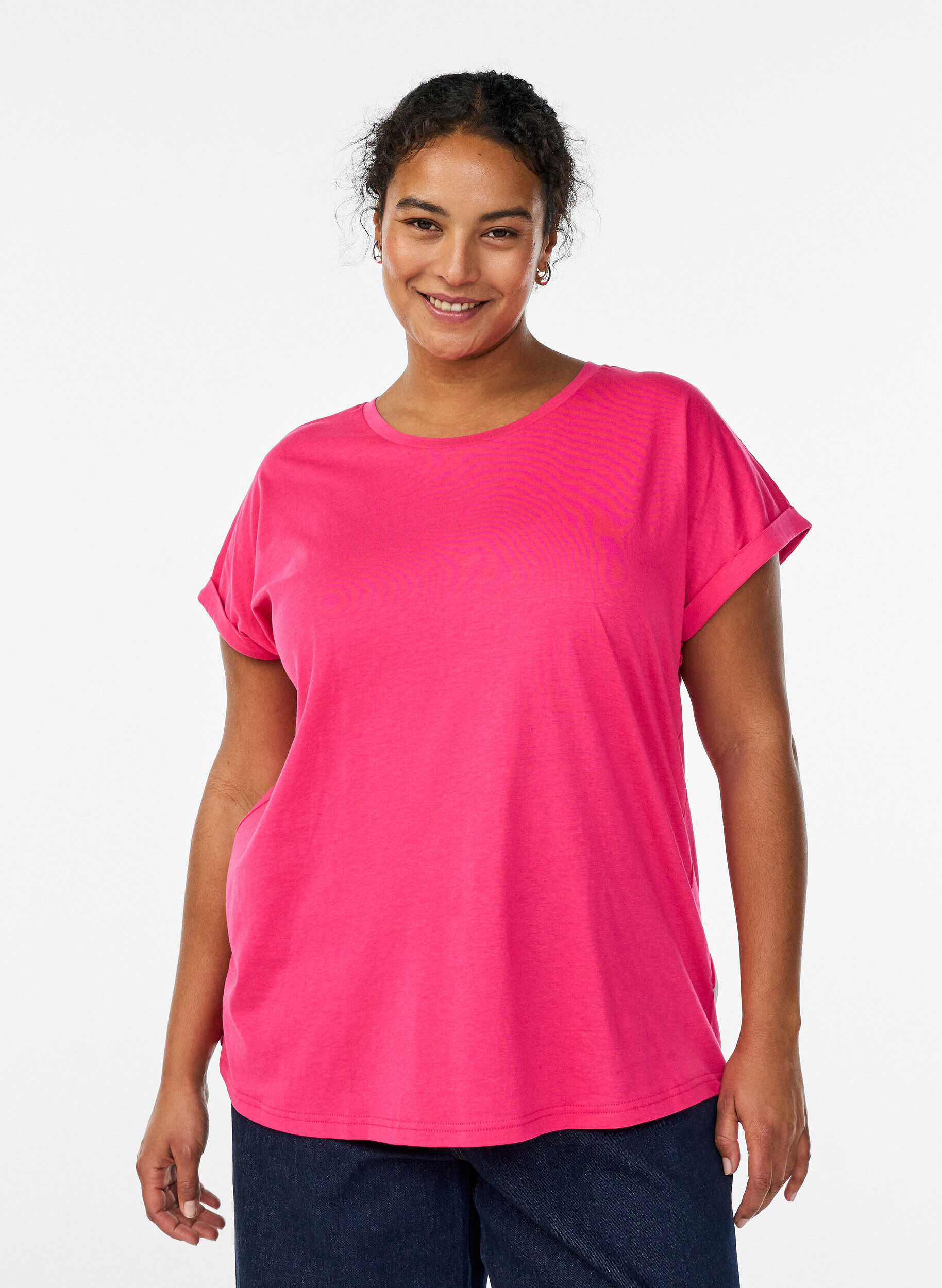 T-shirt &agrave; manches courtes en coton m&eacute;lang&eacute;, Rose, Model