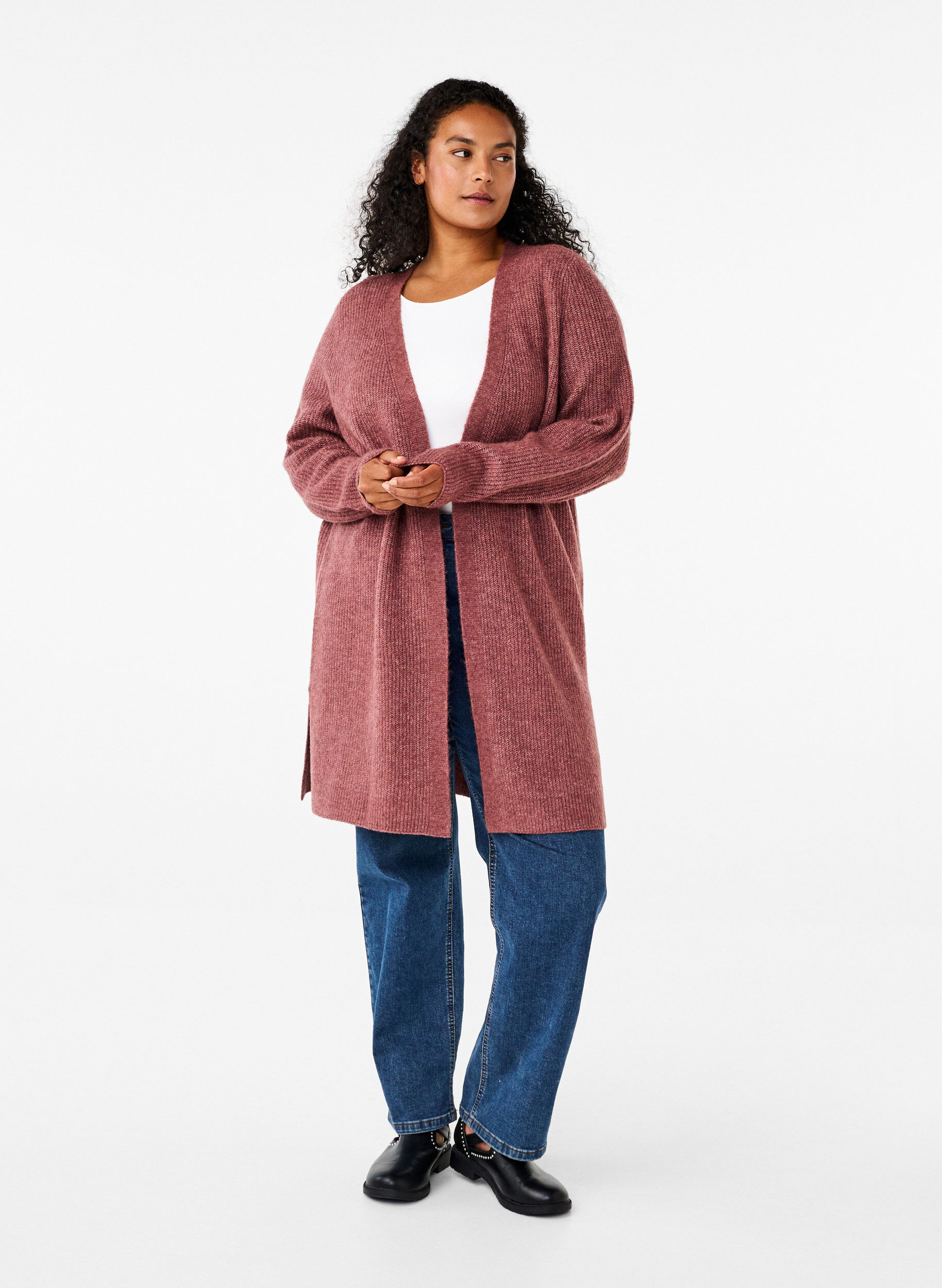 Zizzi FLASH - Cardigan &agrave; manches longues avec fentes lat&eacute;rales, Rose Brown Melange, Model image number 2