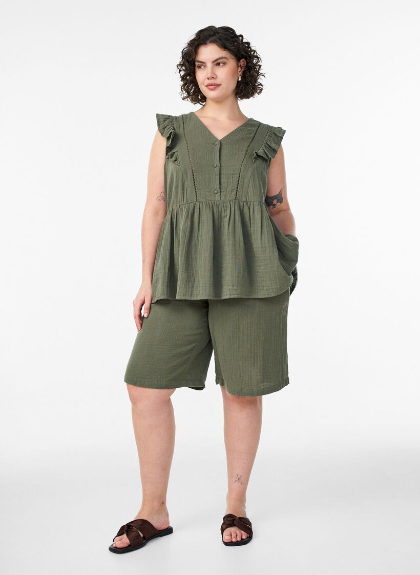 Short ample en mousseline de coton taille haute, Vert, Model image number 1