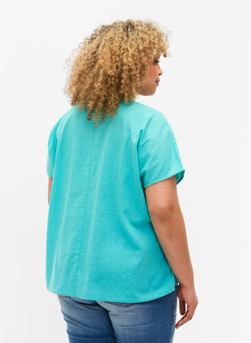 Blouse à manches courtes en coton mélangé avec du lin, Turquoise, Model image number 1