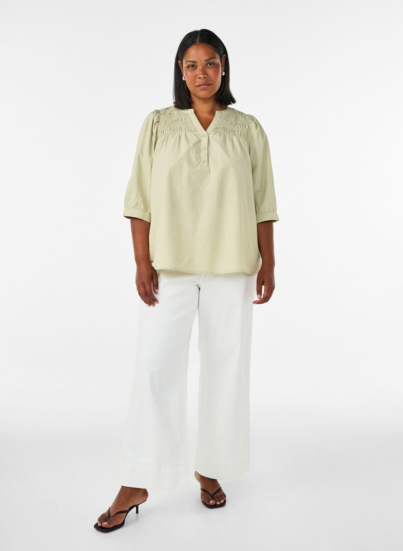 Blouse avec smock et manches 3/4, Vert clair, Model image number 1