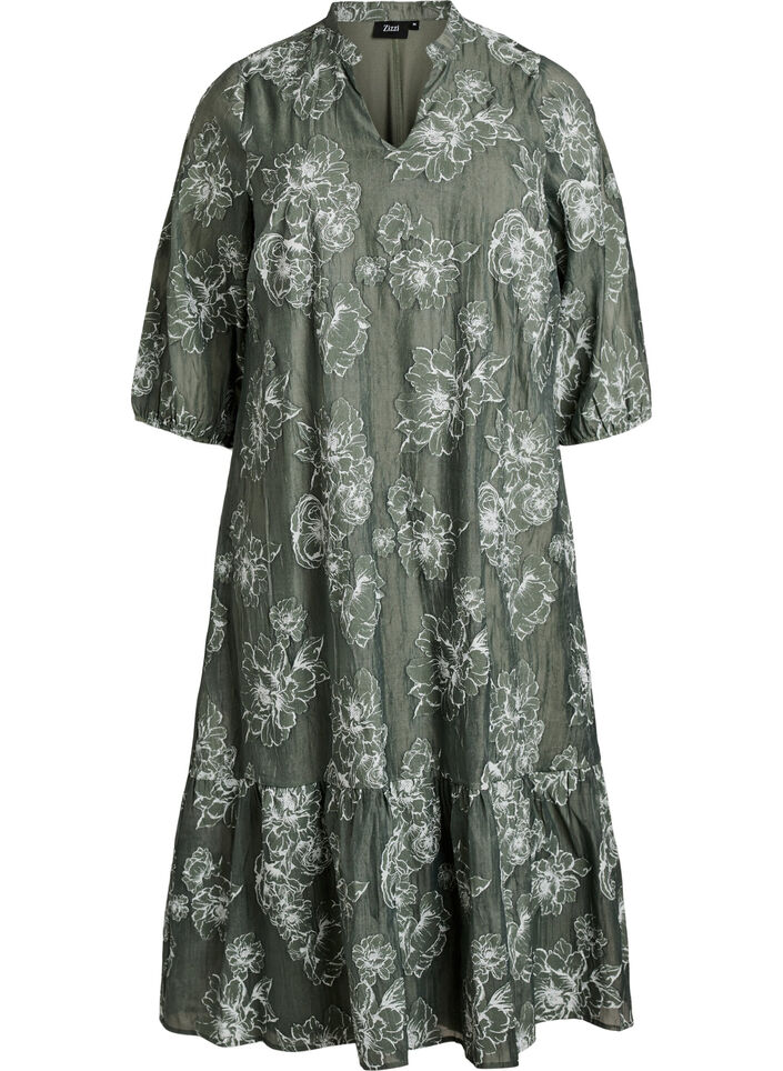 Robe midi &agrave; imprim&eacute; floral et manches 3/4 transparentes, Vert, Packshot