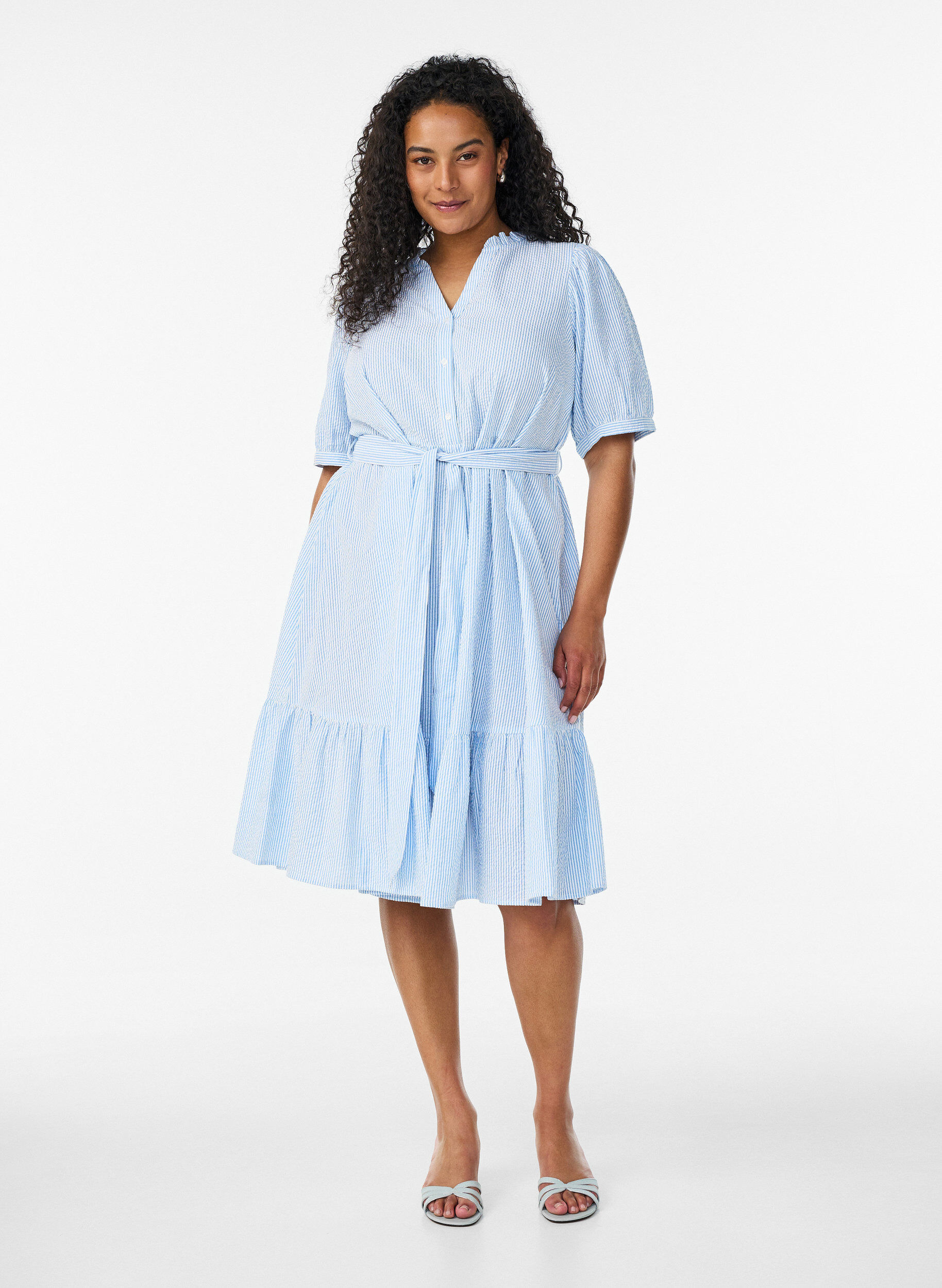 ZizziRobe midi &agrave; rayures en coton avec ceinture &agrave; nouer, Blanc, Model image number 1