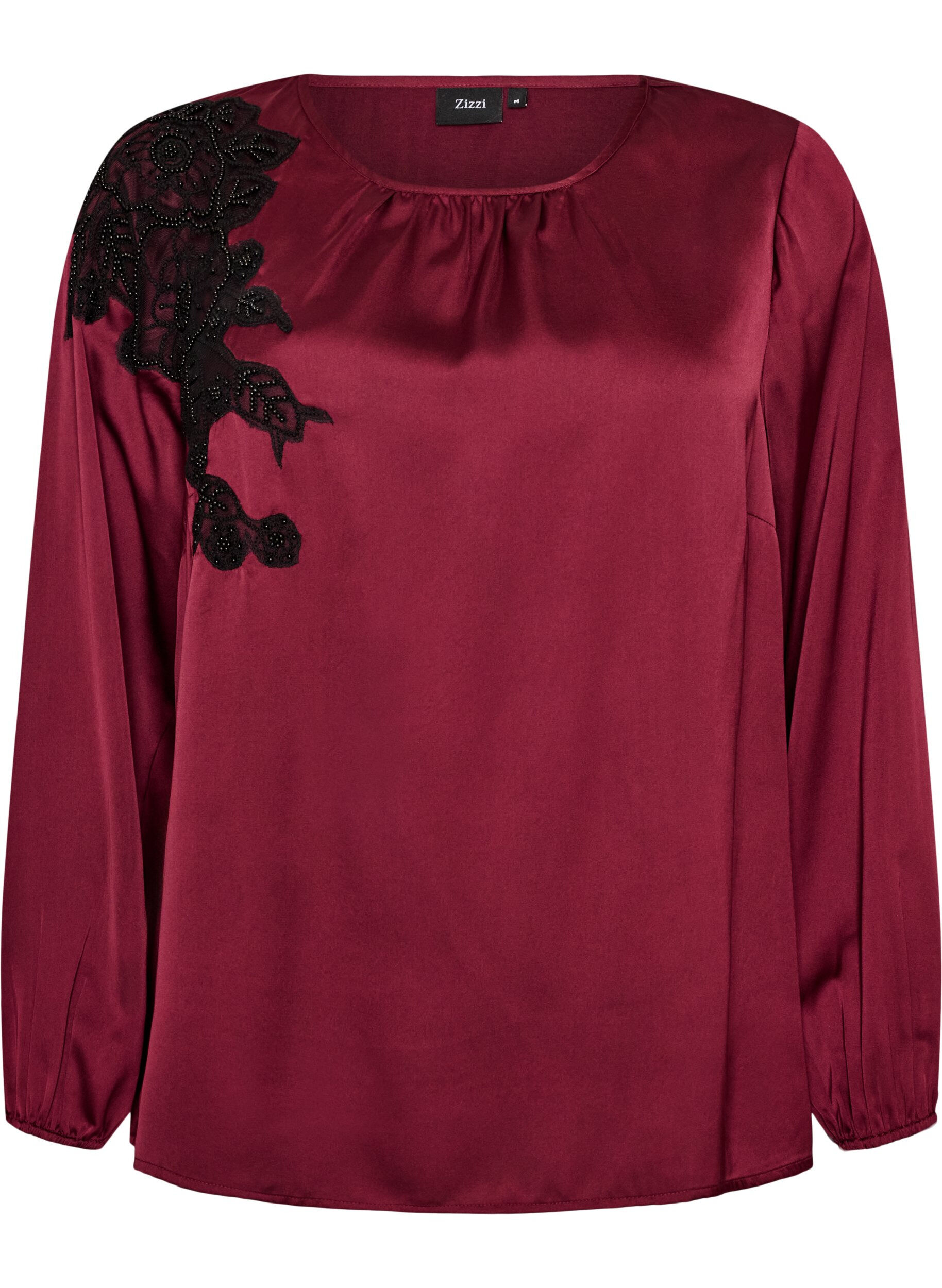 ZizziBlouse en satin avec appliqu&eacute; en dentelle et perles, Bordeaux, Packshot image number 0