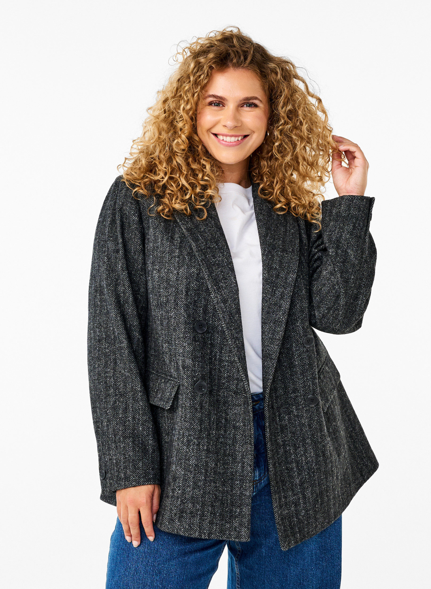 Zizzi Blazer en laine dot&eacute; de poches, Dark Grey Melange, Model image number 0