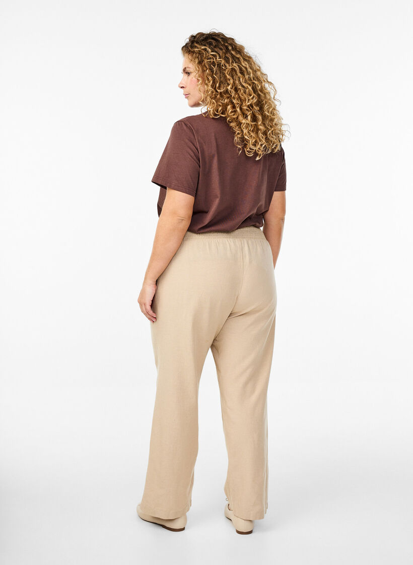 Pantalon smocké avec lin, Beige, Model image number 1