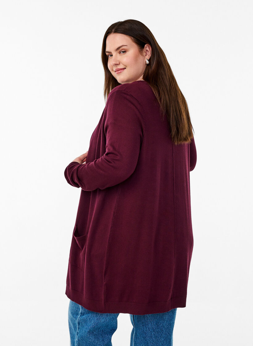 Long cardigan tricot&eacute; en m&eacute;lange de viscose, Bordeaux, Model image number 2