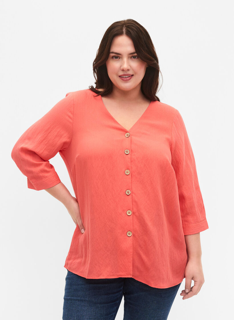 Blouse en viscose avec boutons et col en V, Deep Sea Coral, Model image number 0