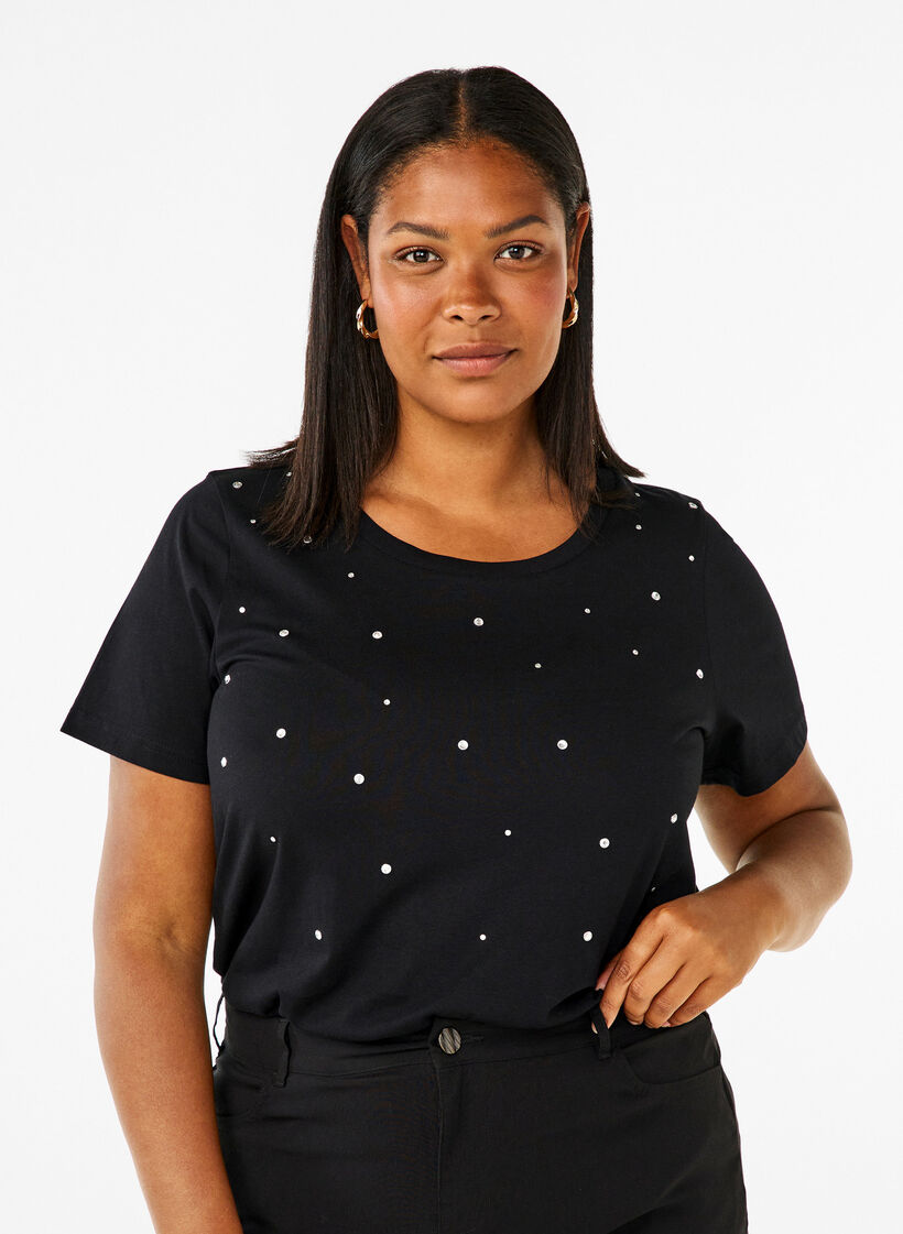 T-shirt en coton avec strass, Black, Model image number 0