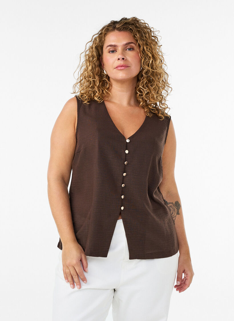 Gilet sans manches avec col en V et boutons, Marron, Model image number 0