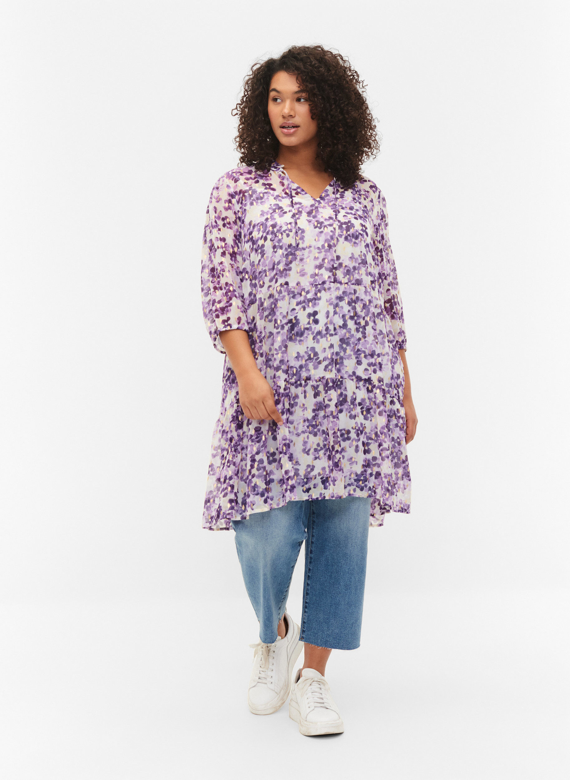 Zizzi Tunique &agrave; imprim&eacute; floral et lurex, Beige/Purple Flower, Model image number 2