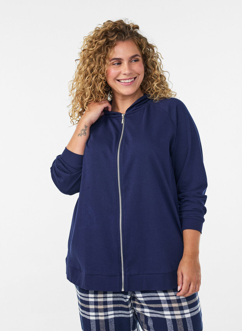 Cardigan en sweat avec une capuche et des poches, Bleu, Model image number 0