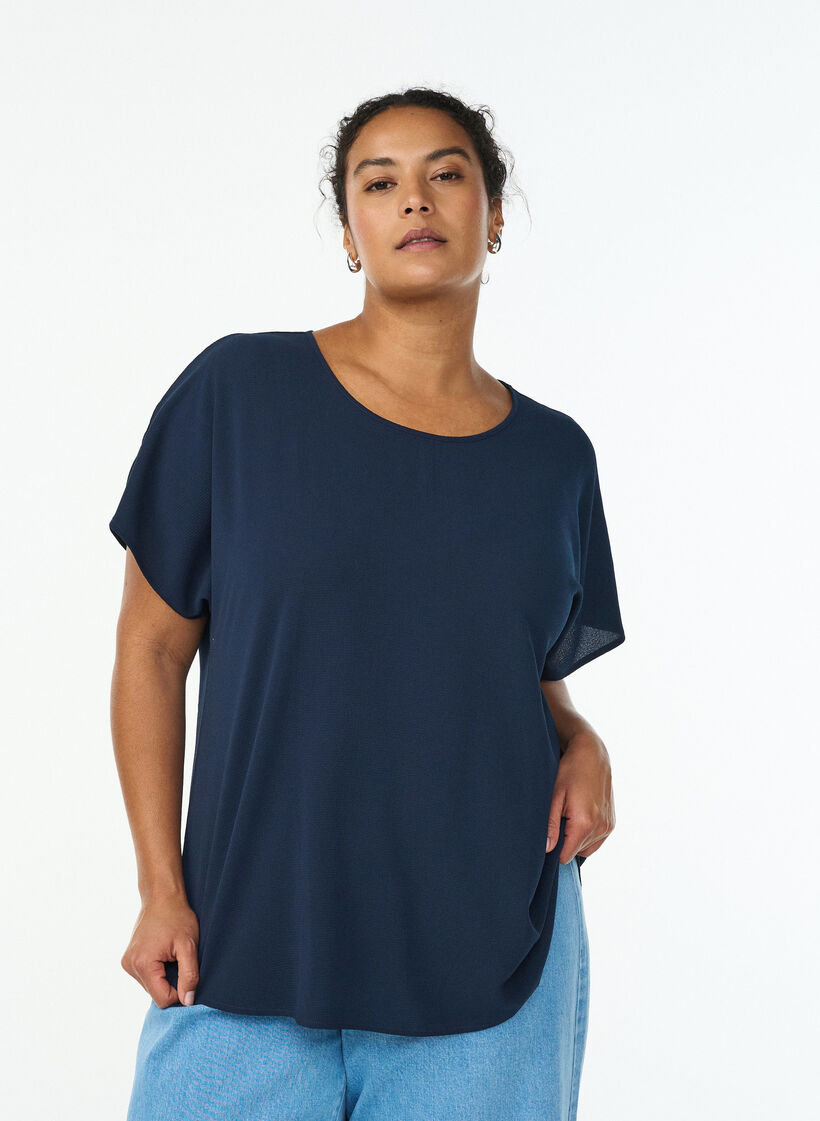 Blouse &agrave; manches courtes et encolure ronde, Bleu, Model image number 0