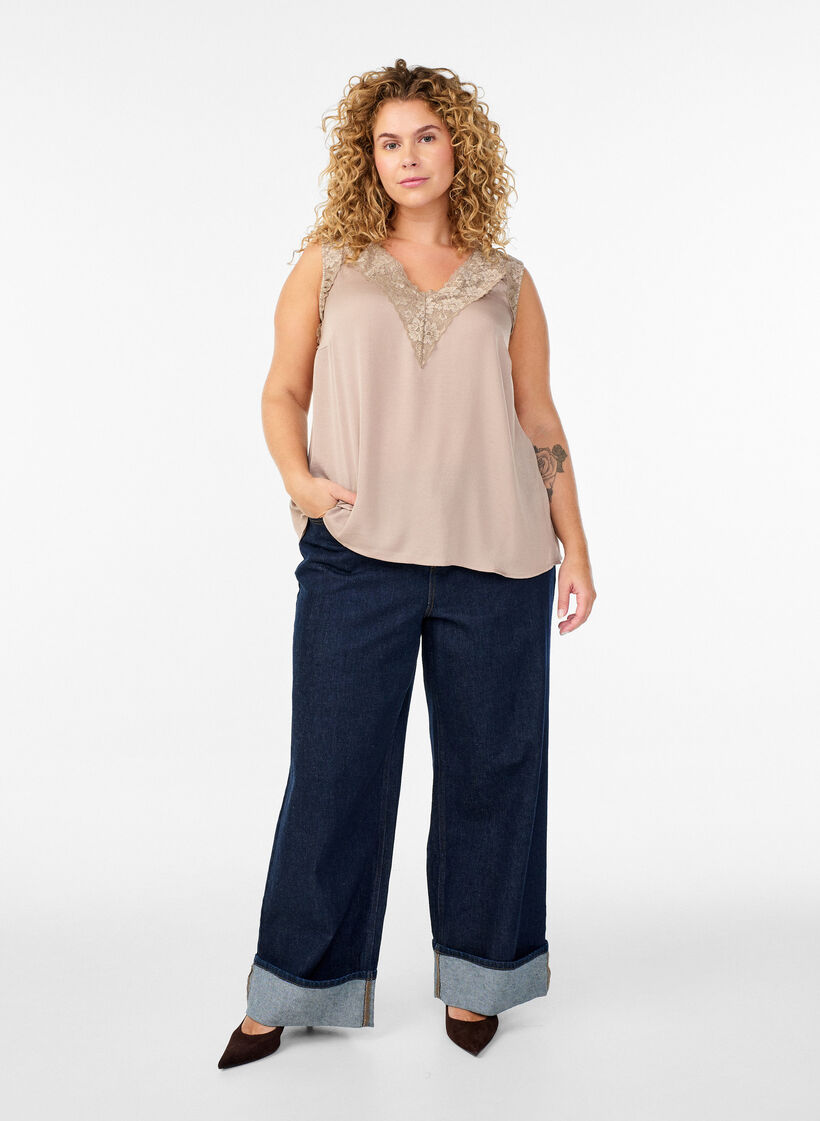 Top sans manches avec dentelle, Beige, Model image number 1