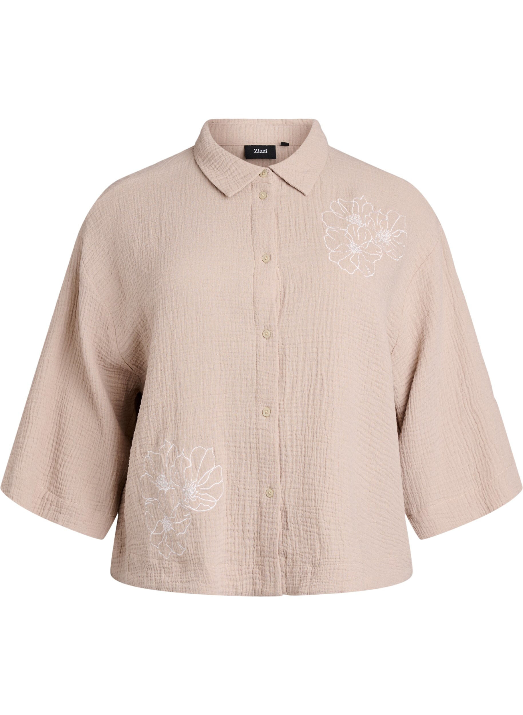 Zizzi Chemise en mousseline de coton avec d&eacute;tails brod&eacute;s, Beige, Packshot image number 0