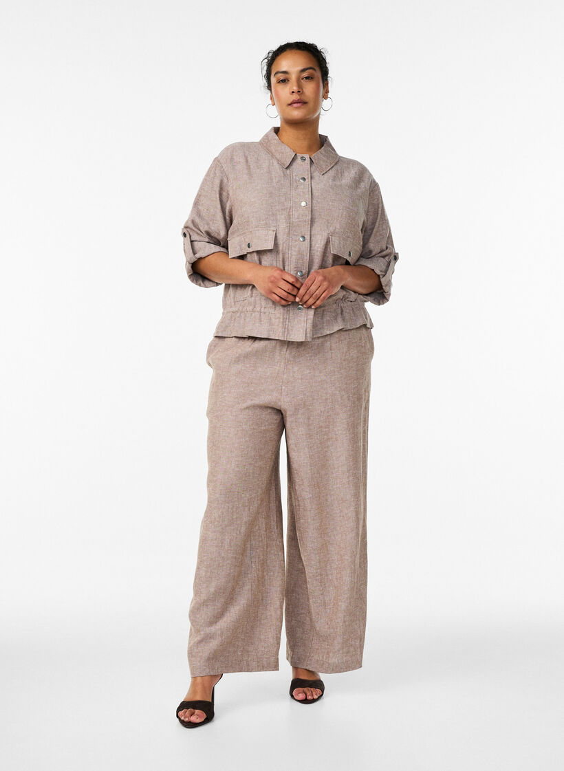 Pantalon large en lin et viscose, Marron, Model image number 0