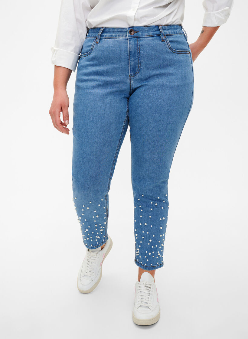 Emily jeans coupe slim avec des perles, Light Blue, Model image number 2