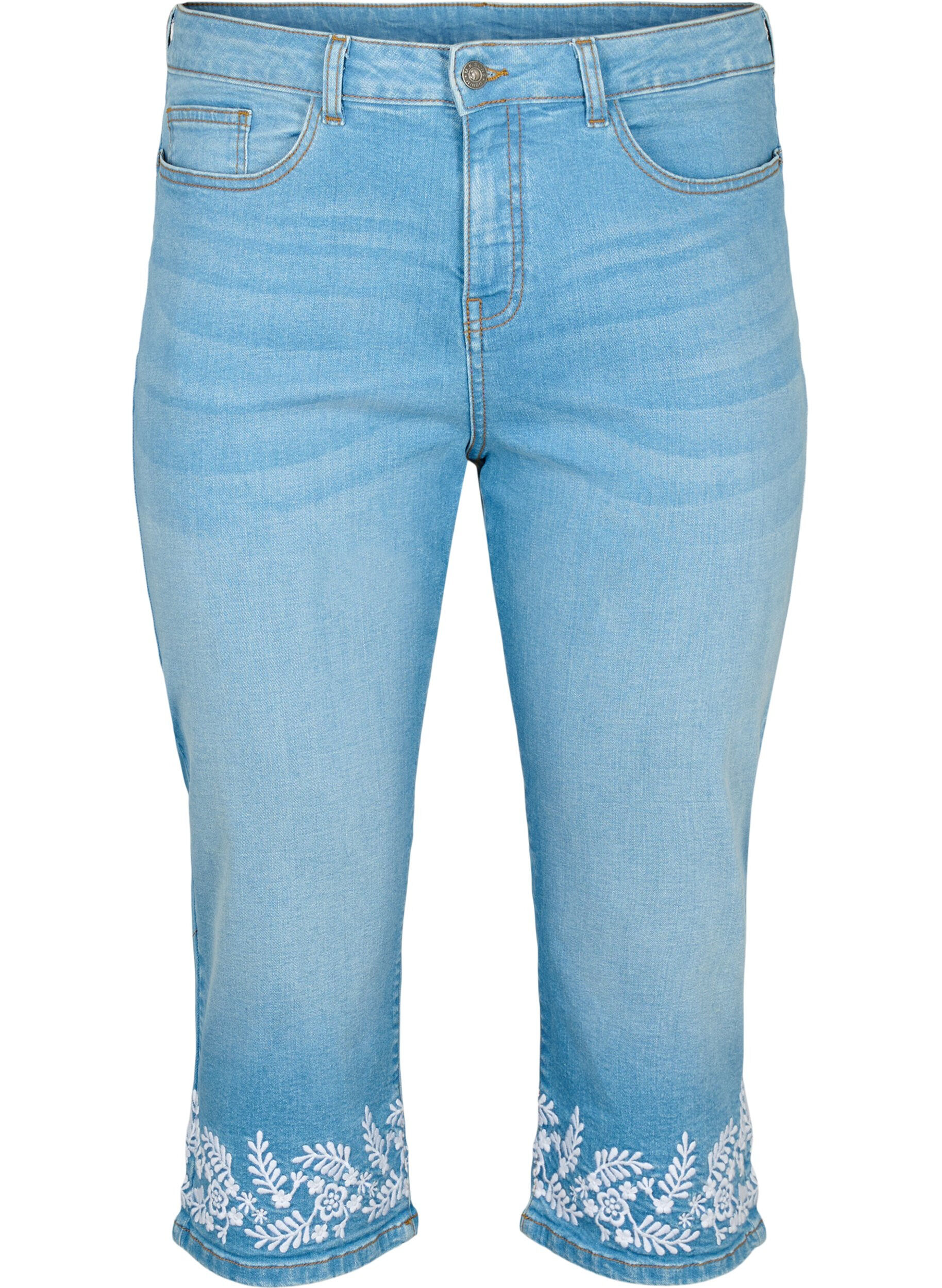 Zizzi Culotte Amy taille haute avec broderie, Light blue denim, Packshot image number 0