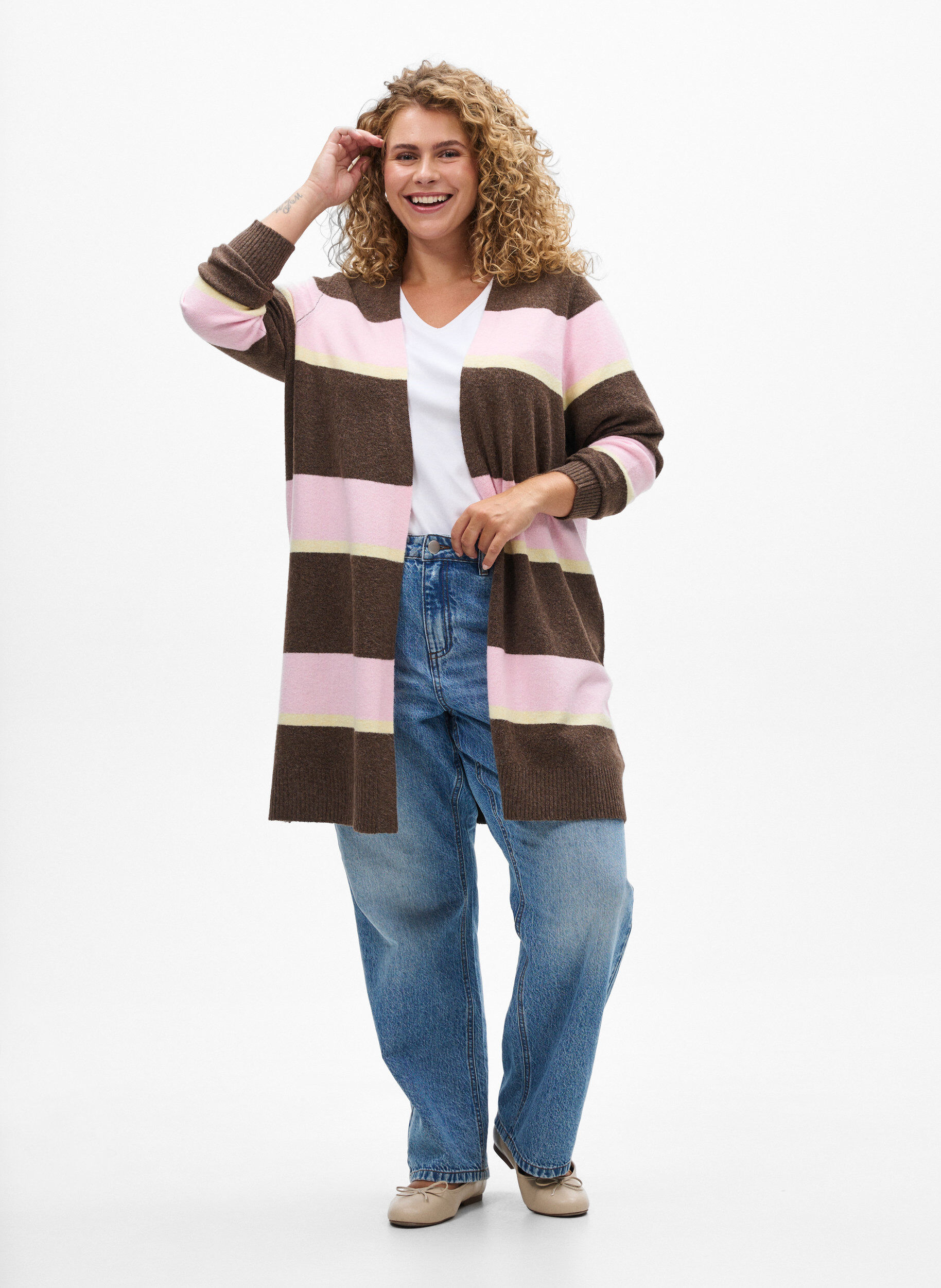 Zizzi Cardigan long en tricot avec rayures larges, Marron, Model image number 1