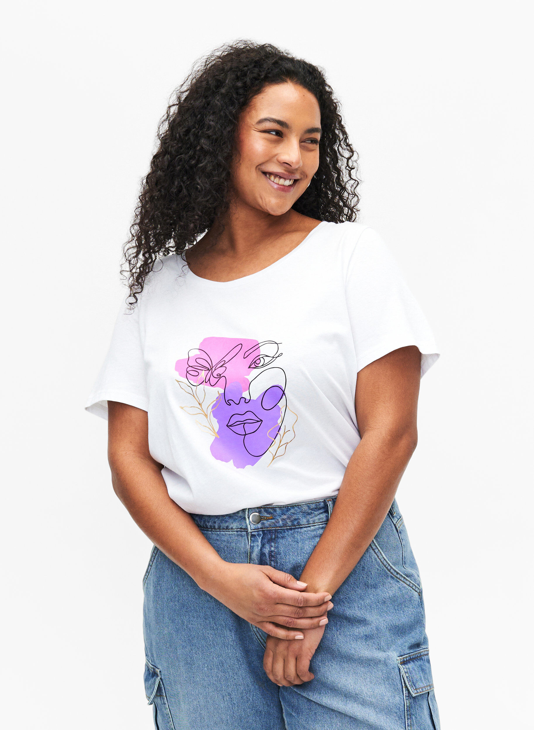 Zizzi T-shirt en coton avec motif, B. White w. Face, Model image number 0