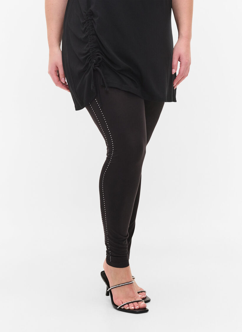 Leggings en viscose avec strass sur le côté, Black, Model image number 2
