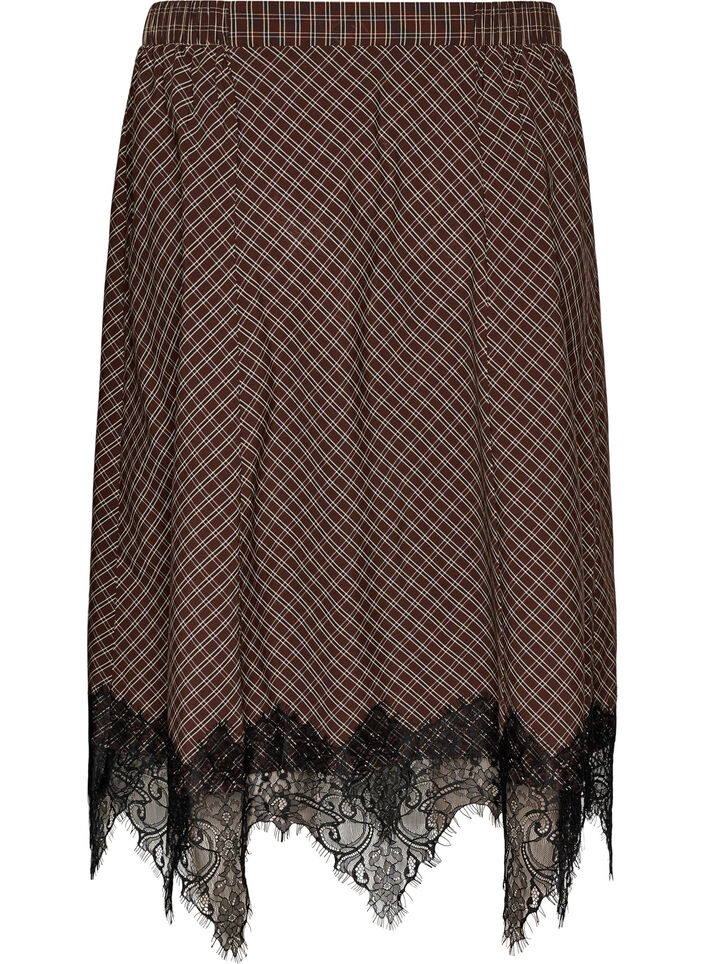 Jupe midi &agrave; carreaux avec bordure en dentelle, Marron, Packshot
