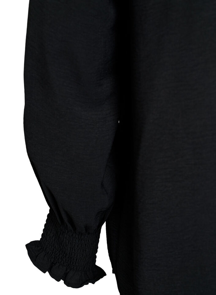 Blouse avec poignets smock&eacute;s et col en V, Noir, Packshot image number 3