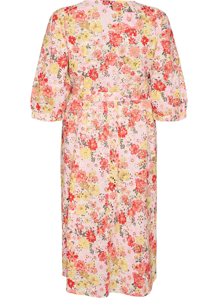 Robe midi fleurie en broderie anglaise et ceinture &agrave; nouer, Rose, Packshot