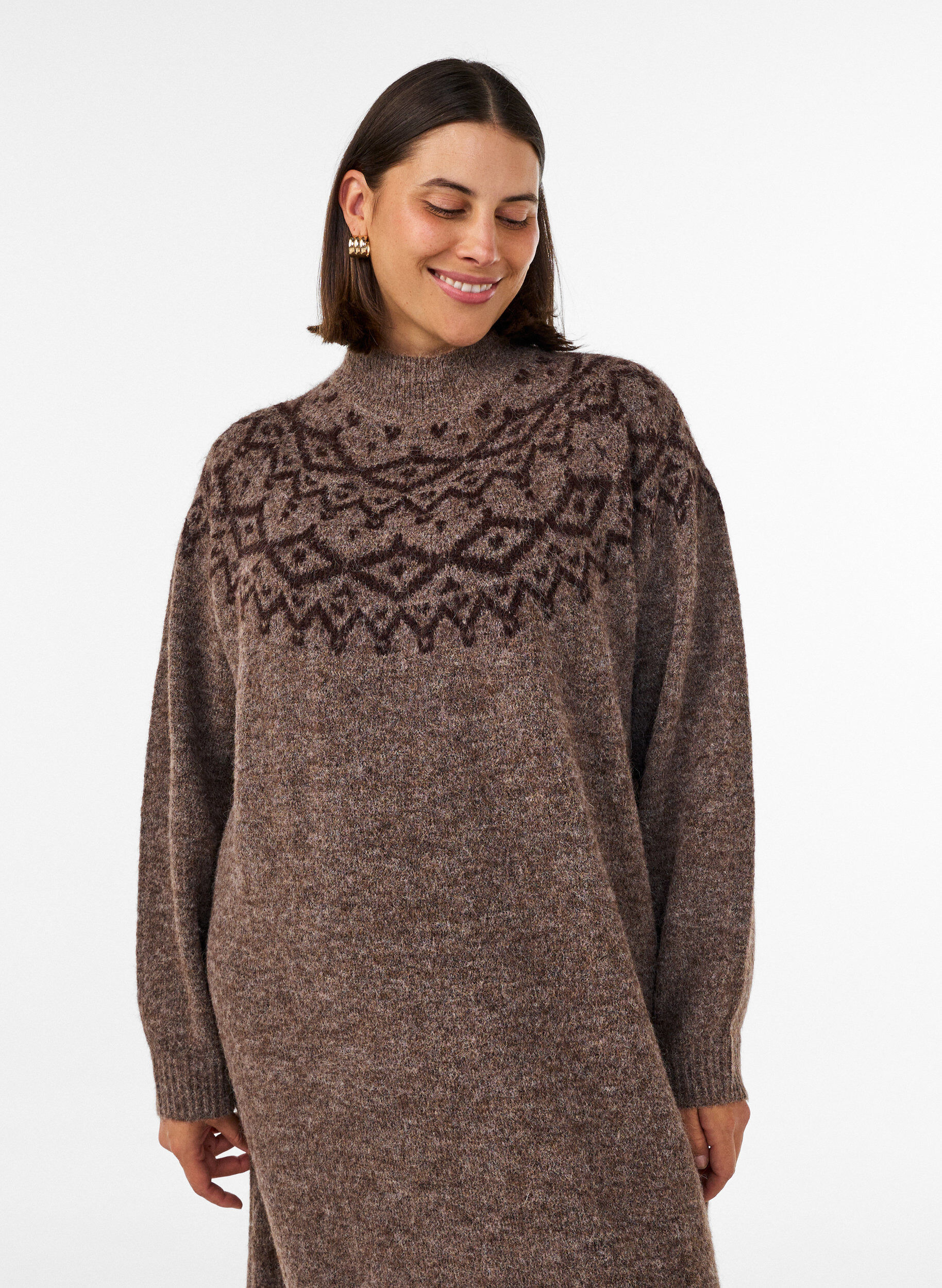 ZizziRobe en maille avec motif jacquard, Marron, Model image number 3