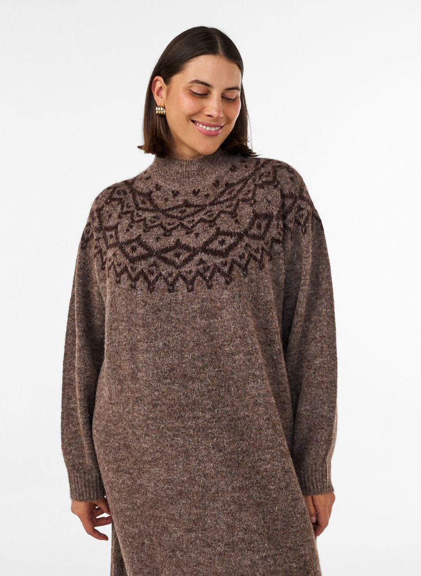 Robe en maille avec motif jacquard, Marron, Model image number 3